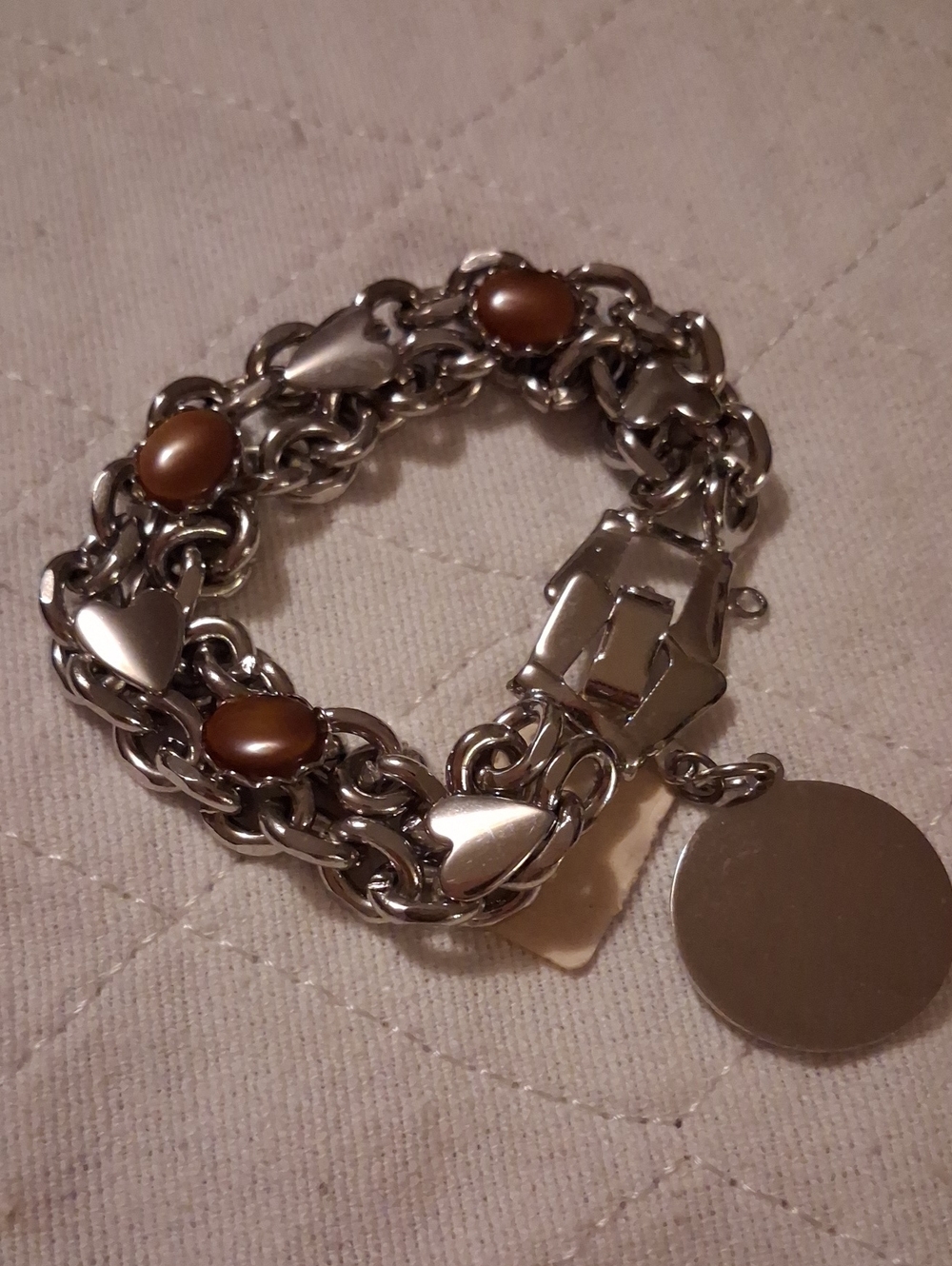 Source Unknown Silver-Tone Heart Link Bracelet with Brown Cabochons